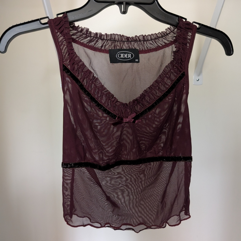 Sheer Burgundy Sleeveless Top Burgundy mesh cami top with velvet ribbon